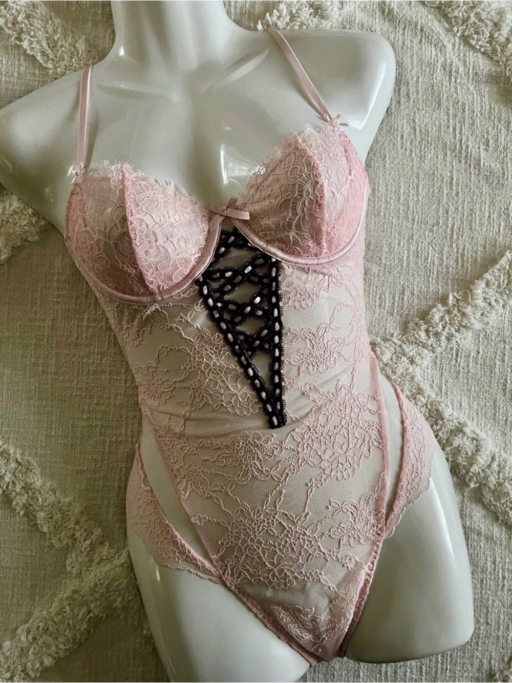 Victoria's Secret Pink Lace Bodysuit with Black Lace Inset